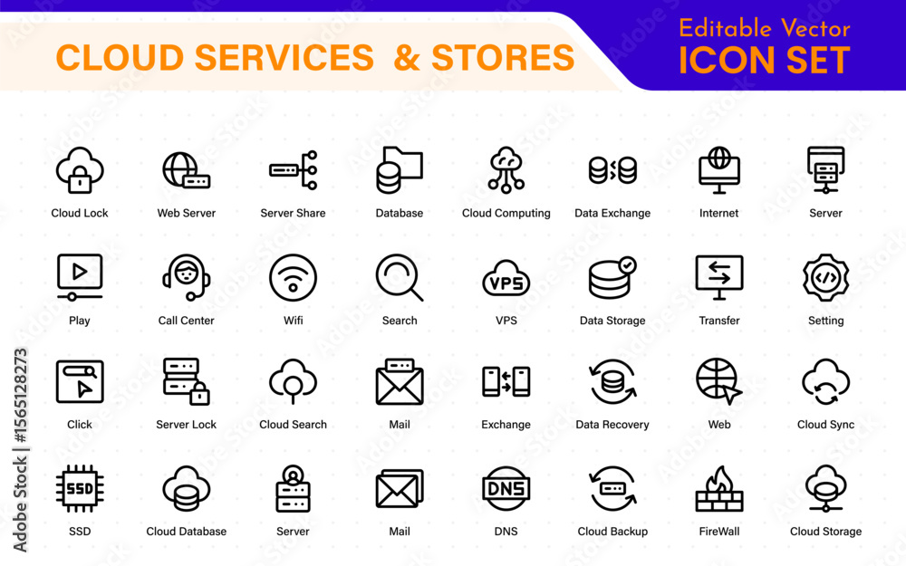 Poster cloud services and web hosting icons set. linear style icon bundle.outline icon collection.