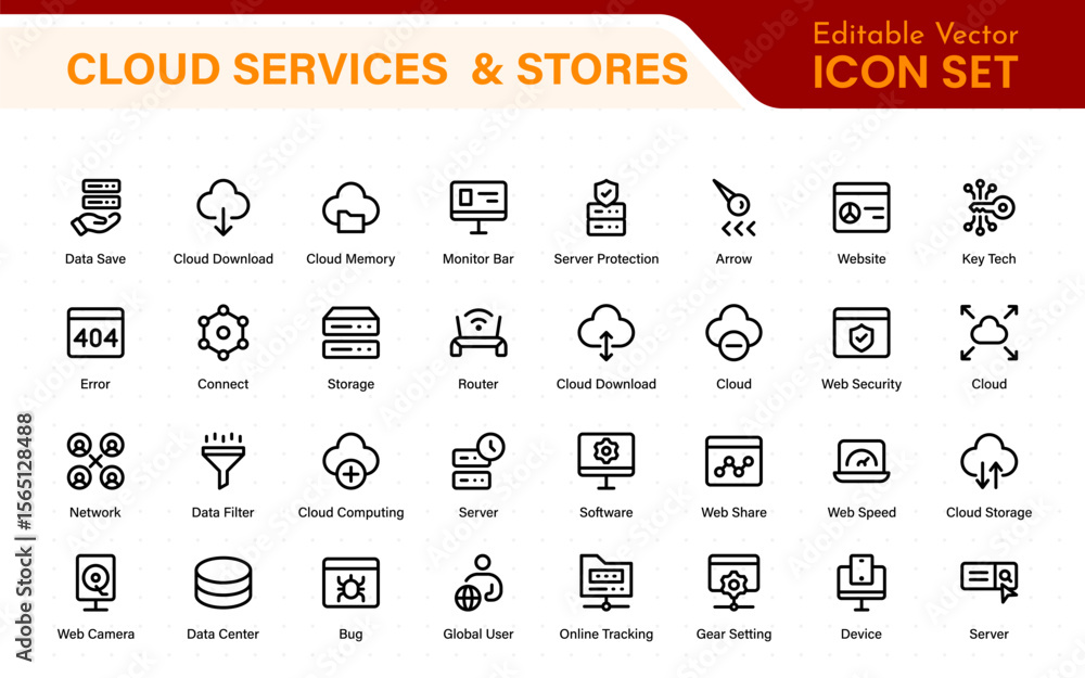 Poster cloud services and web hosting icons set. linear style icon bundle.outline icon collection.