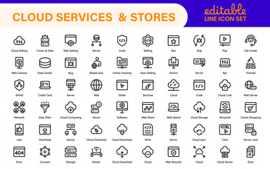 Cloud services and web hosting icons Set. Linear style icon bundle.Outline icon collection.