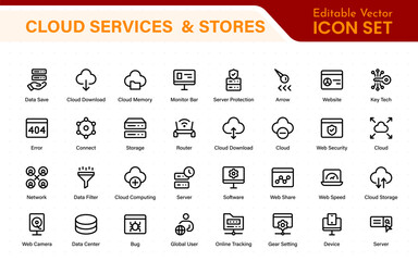 Cloud services and web hosting icons Set. Linear style icon bundle.Outline icon collection.