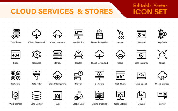 Cloud services and web hosting icons Set. Linear style icon bundle.Outline icon collection.