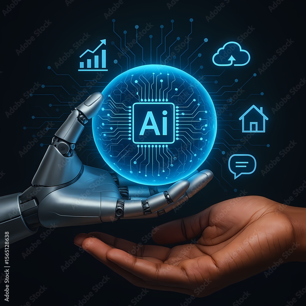 Poster artificial intelligence concept with robot and human hands holding glowing ai circuit sphere