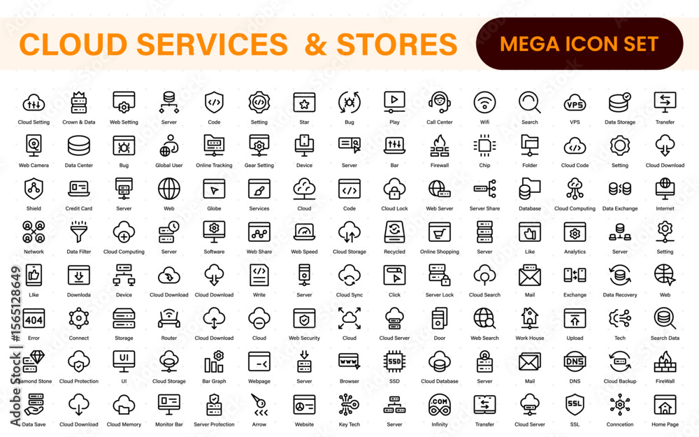 Poster cloud services and web hosting icons set. linear style icon bundle.outline icon collection.