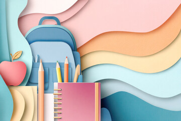 Colorful paper cut illustration featuring school supplies, including a backpack, notebook, pencils, and apple against a layered background design