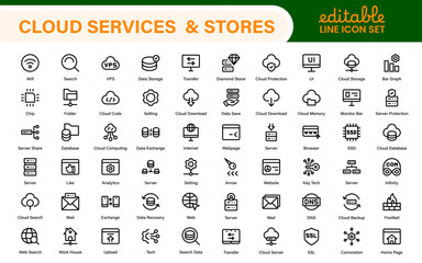 Cloud services and web hosting icons Set. Linear style icon bundle.Outline icon collection.