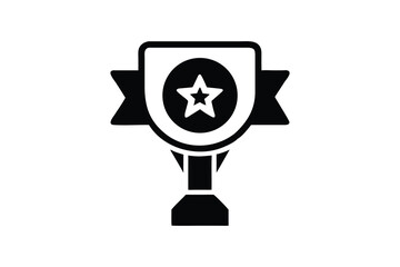 A stylized black and white graphic icon of a trophy with a star inside a shield and ribbons on a white background symbolizing achievement and victory