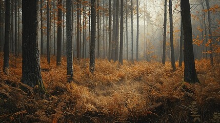 Fototapeta premium Autumn forest with tall trees and golden ferns on the ground 