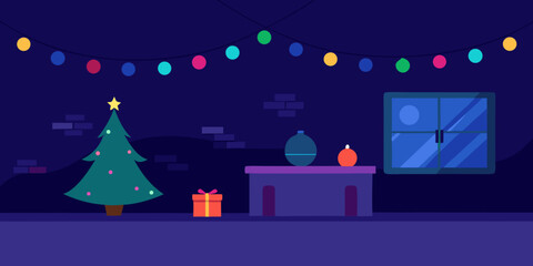 Cozy Christmas Eve Night Festive Lights, Decorated Tree, and Gift