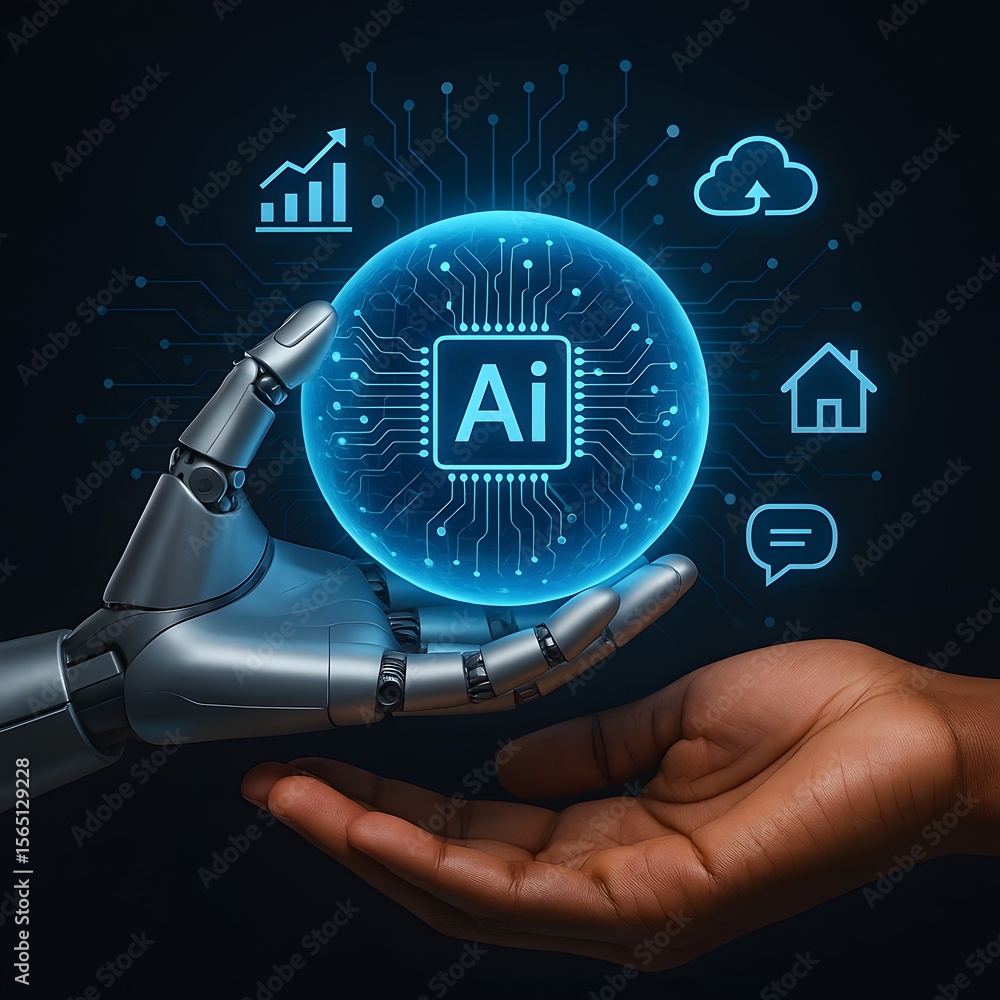 Poster robotic hand holding a glowing ai chip with icons floating around it on a dark background image