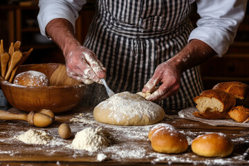 Kneading dough for fresh bread in a busy bakery kitchen