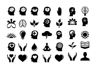 Mental Health & Wellness Icon Pack, Silhouette Vector Set for Mindfulness and Healing