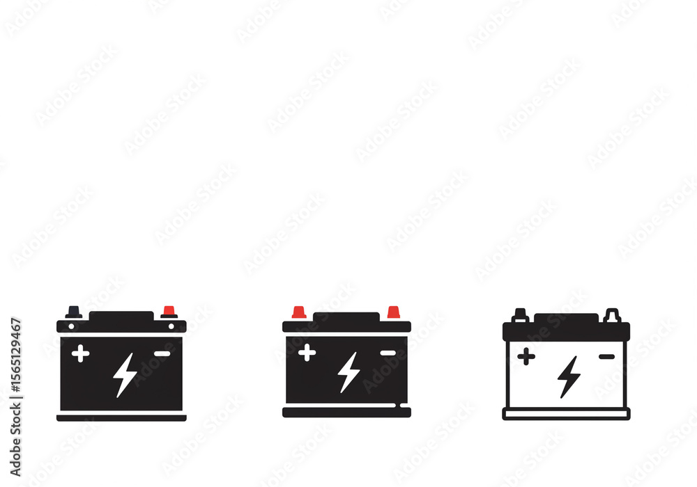 Poster three car batteries displayed with different styles and colors on a white background in a row