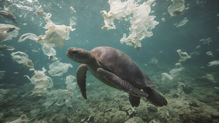 A sea turtle swimming through plastic pollution in the ocean.