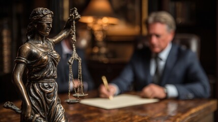 Obraz premium A blindfolded Lady Justice statue holds scales as a man in a suit writes at a desk, symbolizing law, fairness, and the judicial process.