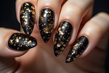 Matte black nails with gold foil flakes
