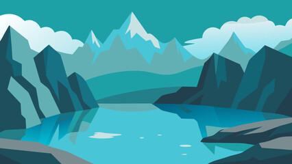 Mountain landscape vector illustration with snow-capped peaks, a calm lake, and a vibrant sky, alongside a tropical island vector with the sea, clouds, and hills for travel