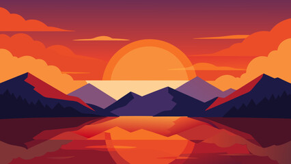 Serene Sunset Landscape Mountains Mirrored in Calm Lake Waters