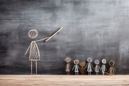 Chalkboard illustration of a stick figure teaching a group of colorful stick figures, representing education and learning concepts in a creative environment
