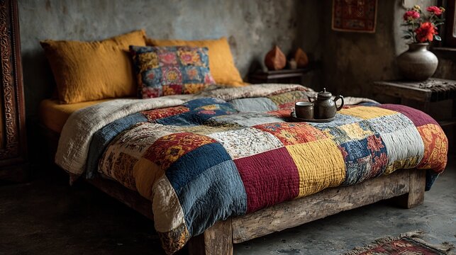 Handmade quilt patchwork design spread out on a bed with minimal decor vibrant fabric patterns