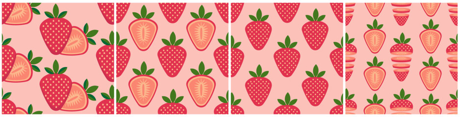 Strawberrys collection of seamless patterns in modern flat design. Perfect for packaging, textile prints, summer branding, wrapping paper, digital backgrounds