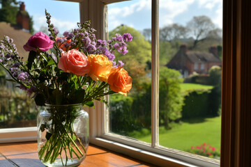 Mixed flower bouquet in a vase beside a sunny window