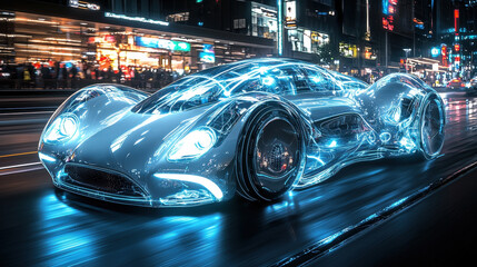 sleek, innovative aircraft glides effortlessly through modern cityscape, its glowing airflow lines illustrating advanced aerodynamic design and cutting edge technology