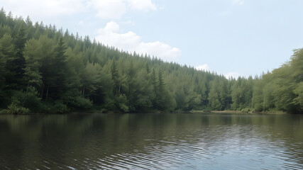 A serene image of a pine forest reflecting perfectly on still water.