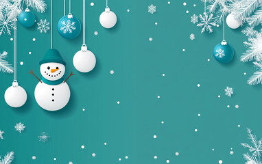 Teal Christmas Background with Hanging Ornaments and Snowflakes