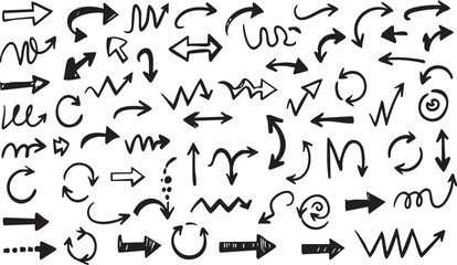 Hand-Drawn Arrow Set with Curved, Straight, Zigzag, and Circular Styles in Multiple Directions for Creative Design Use