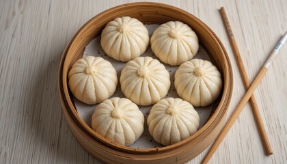 Fototapeta premium Steaming savory buns in a bamboo steamer, ready for a delicious meal