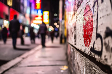 Neon lights glow in a lively city alley at night