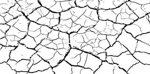 Black and white cracked earth texture with deep fissures, symbolizing extreme dryness, environmental damage, or climate change. Ideal for nature backgrounds, drought themes, or abstract design use.