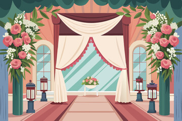 Luxury interior design featuring a red carpet, elegant curtains, and floral decorations, perfect for a wedding or festive hall