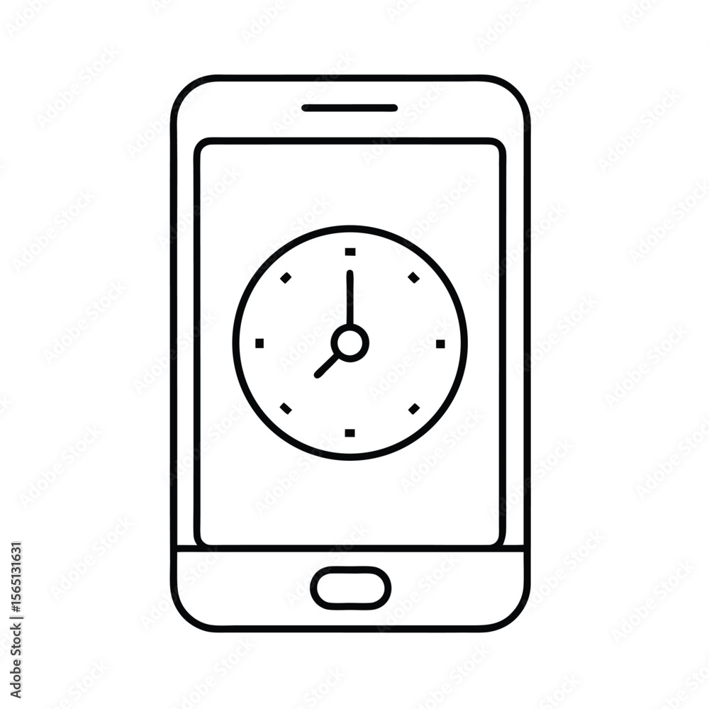Poster minimalist line art illustration of a smartphone displaying a clock face symbolizing time management