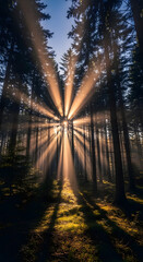 Naklejka premium Sun rays stream through tall trees in a forest, creating a dramatic light effect on the ground.
