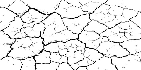 High-contrast cracked earth texture in black and white. Perfect for backgrounds, drought, climate change visuals, or abstract design with broken, fragmented surface patterns.