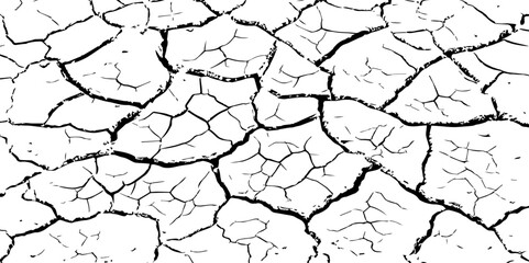 High-contrast cracked earth texture in black and white. Perfect for backgrounds, drought, climate change visuals, or abstract design with broken, fragmented surface patterns.