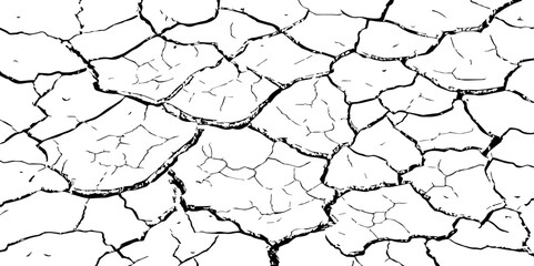 High-contrast cracked earth texture in black and white. Perfect for backgrounds, drought, climate change visuals, or abstract design with broken, fragmented surface patterns.