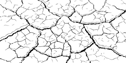 High-contrast cracked earth texture in black and white. Perfect for backgrounds, drought, climate change visuals, or abstract design with broken, fragmented surface patterns.