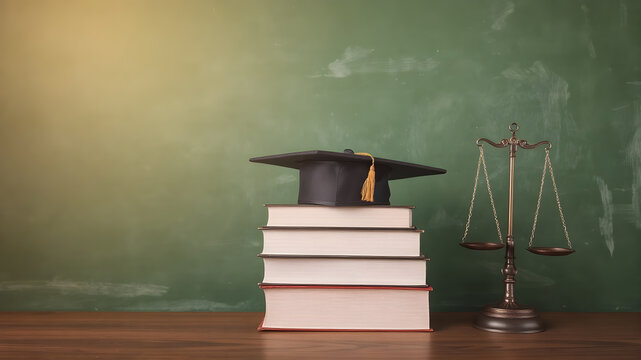 Education and law concept featuring a graduation cap, stacked books, and a justice scale.