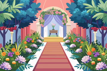 Obraz premium Old stone archway entrance to a Spanish villa garden with vibrant flowers and a wooden door