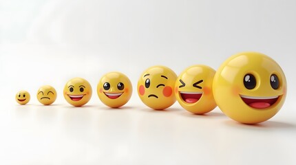 Fototapeta premium A line of 3D emoticons on a white background, showing a progression of different facial expressions and emotions. Social media and communication concept.