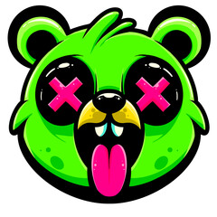 Cartoon Neon Green panda Head with X Eyes and Tongue Out  © Haris