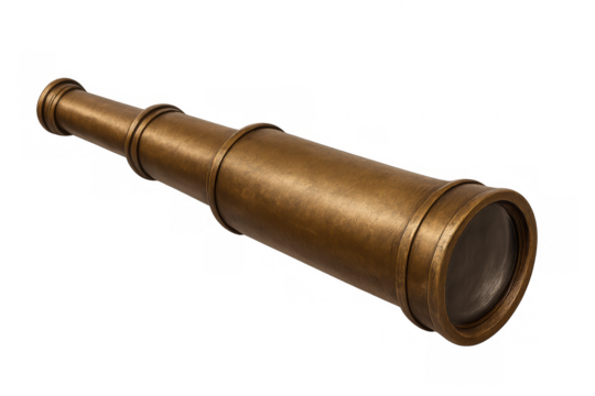 Antique maritime navigation tool, brass telescope isolated on transparent background, perfect for historical or adventure projects