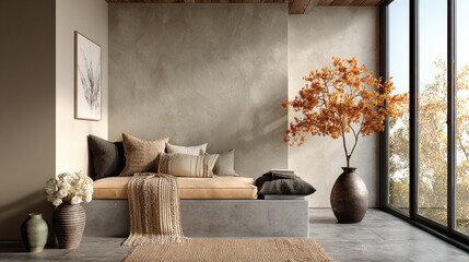 Cozy Living Room Scene Featuring Comfortable Couch Decorative Pillows and Elegant Flower Vase Arrangement