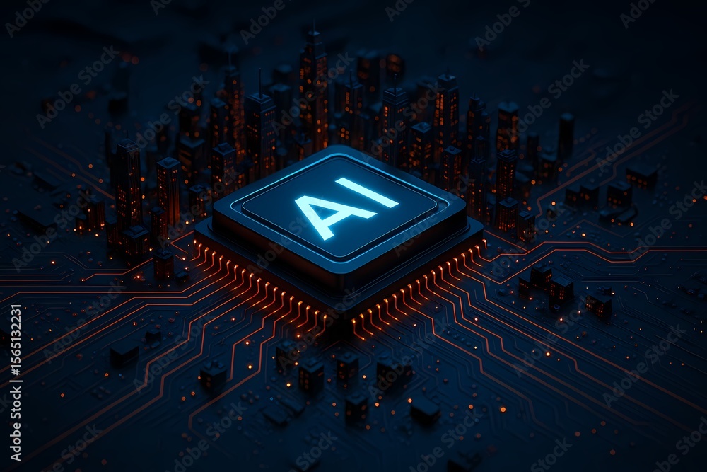 Poster close up of a glowing ai chip on a circuit board with a blurred city skyline in the background