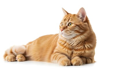 Fototapeta premium Ginger cat lying down, profile view, against a plain white background.
