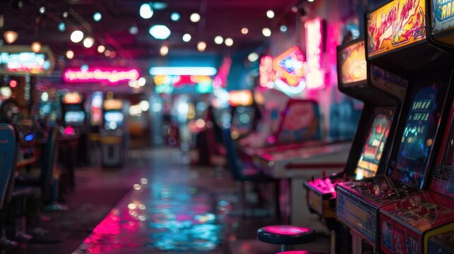 Vibrant Neon Lights Illuminating a Retro Video Game Machine in a Modern Gaming Room Setting