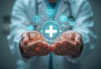 Innovative healthcare solutions presented by medical professional with future technology
