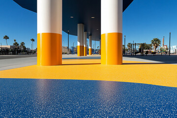 Colorful playground area with unique surfaces and structural columns